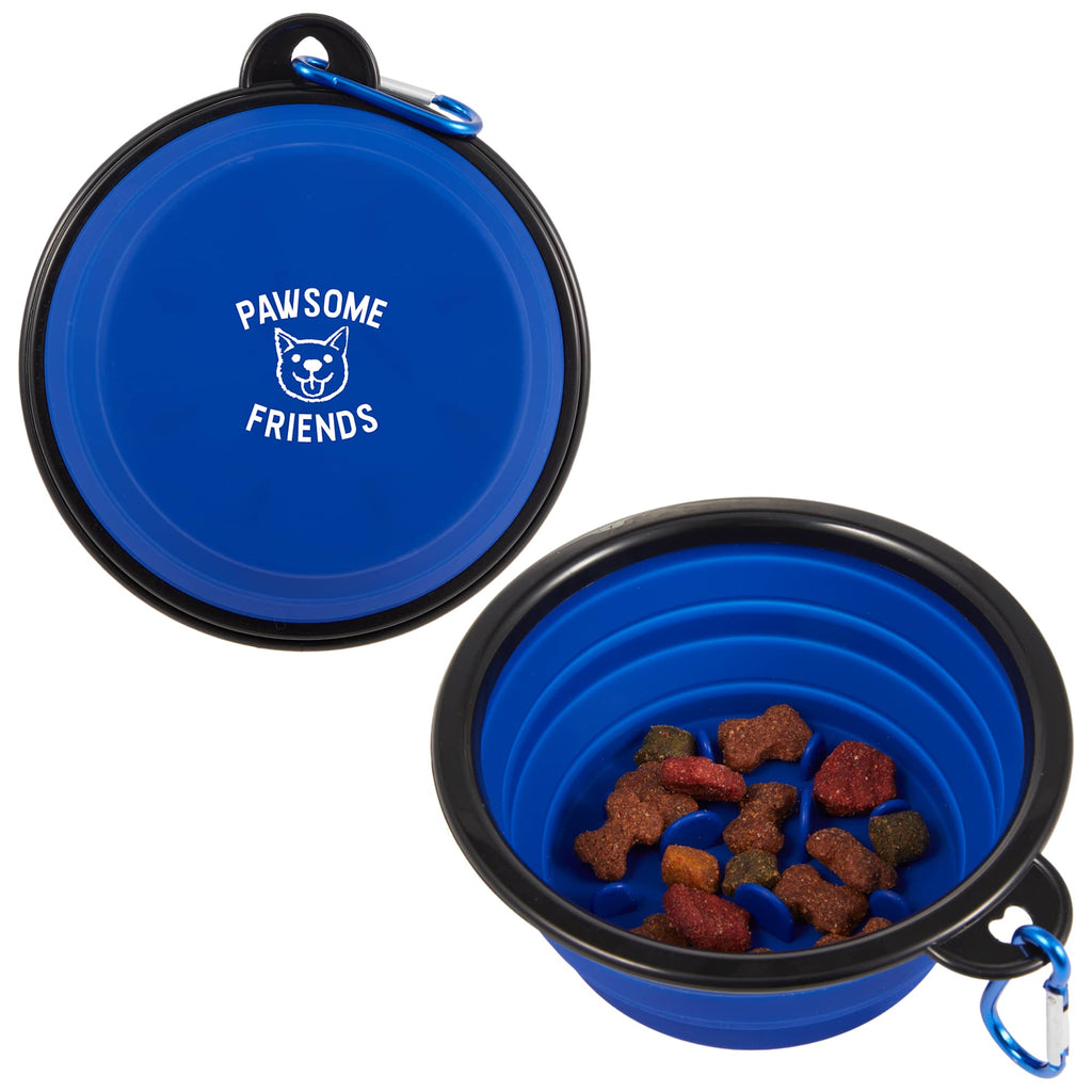 Collapsible Silicone Slow Feeder Bowl with Carabiner - Blue - Front Default