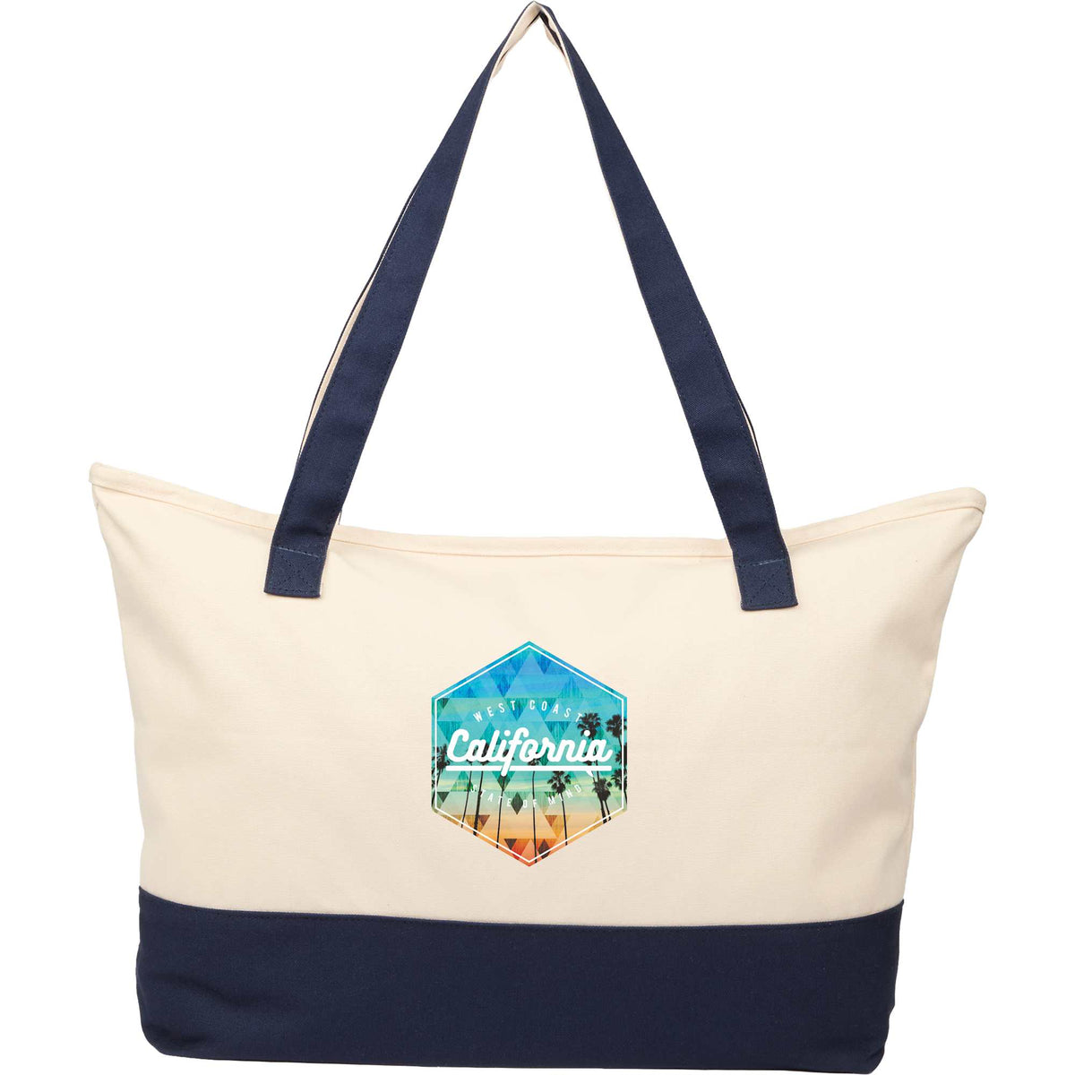 Color Accent Recycled Cotton Zippered Tote, 12 oz Full Color - Navy - Front