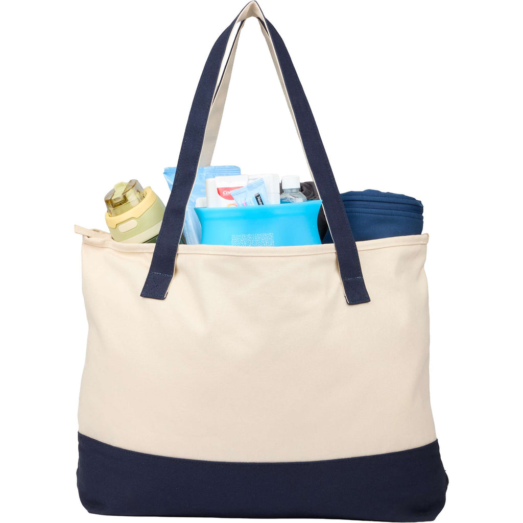 Color Accent Recycled Cotton Zippered Tote, 12 oz Full Color - Navy - Propped