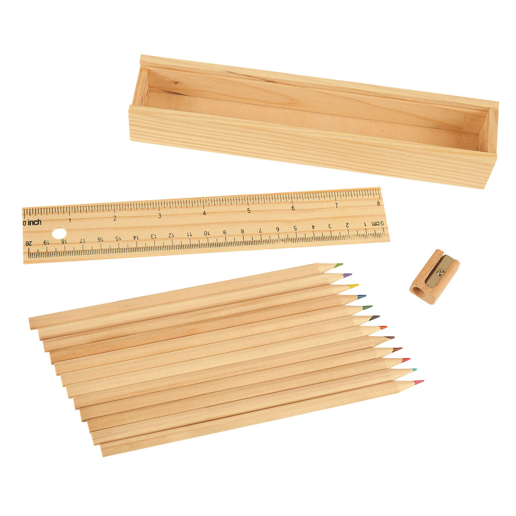 Colored Pencil Set in a Wooden Ruler Box, 12 Piece - Natural Wooden Box - Contents_Blank