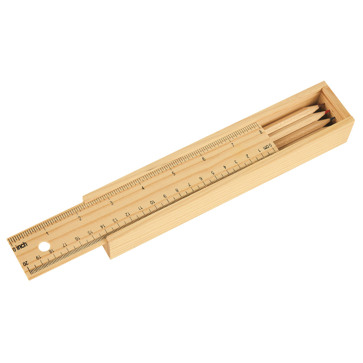 Colored Pencil Set in a Wooden Ruler Box, 12 Piece - Natural Wooden Box - Open_Blank