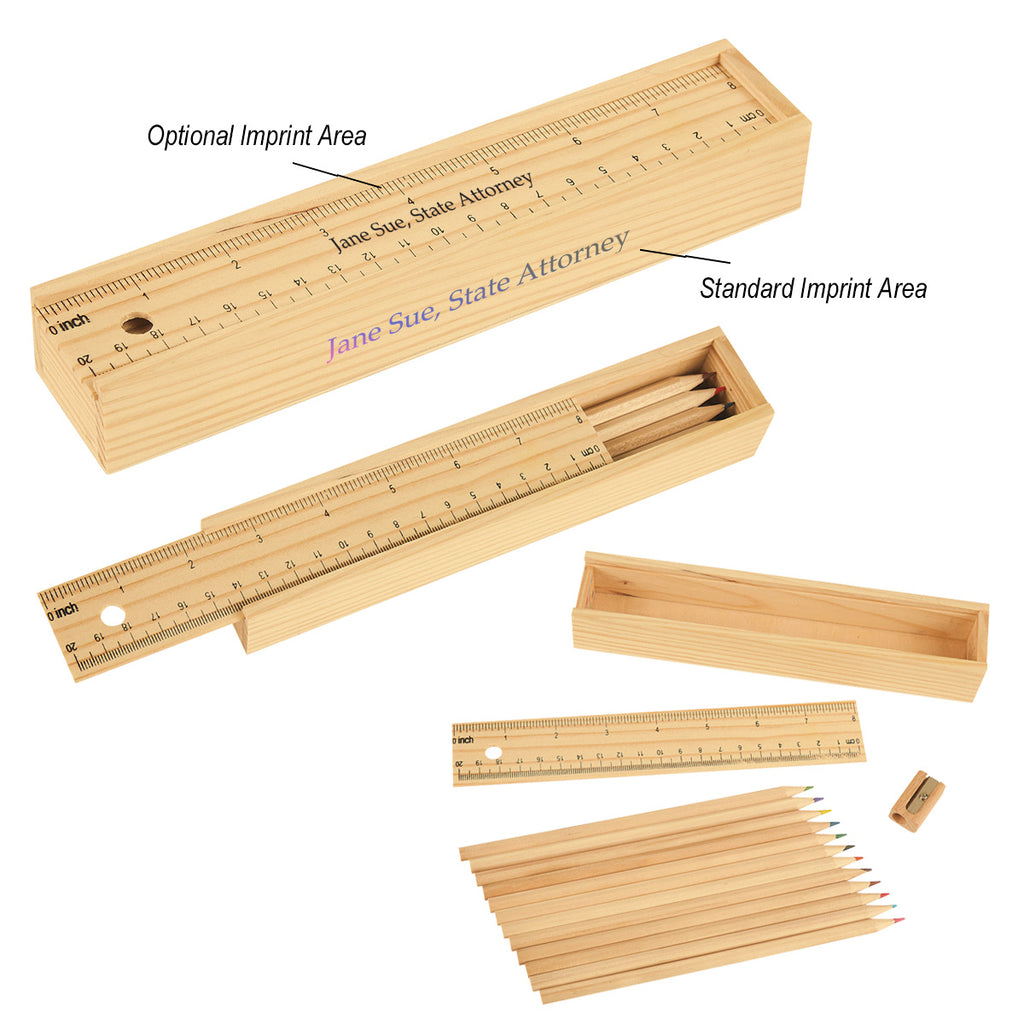 Colored Pencil Set in a Wooden Ruler Box, 12 Piece