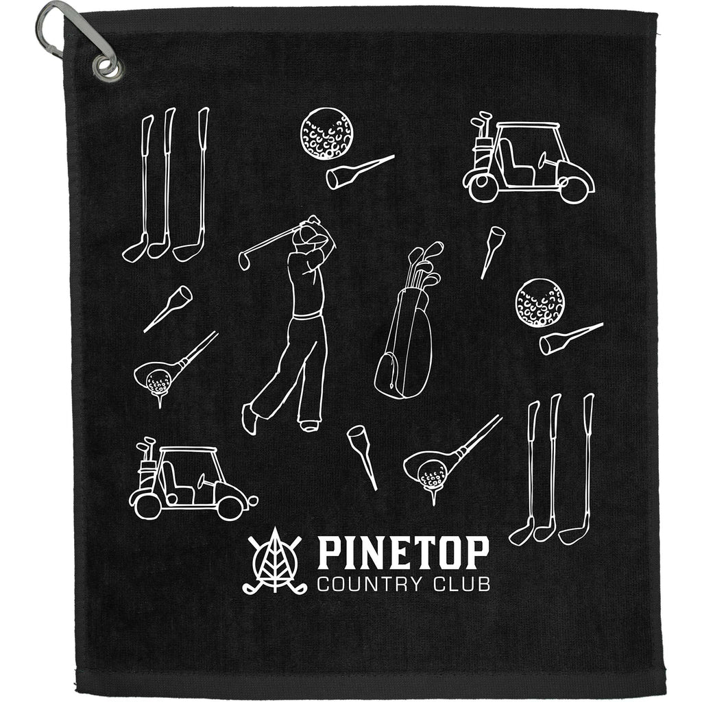 Cotton Terry Golf Towel with Carabiner, 15 x 18 Inches - Black - Front