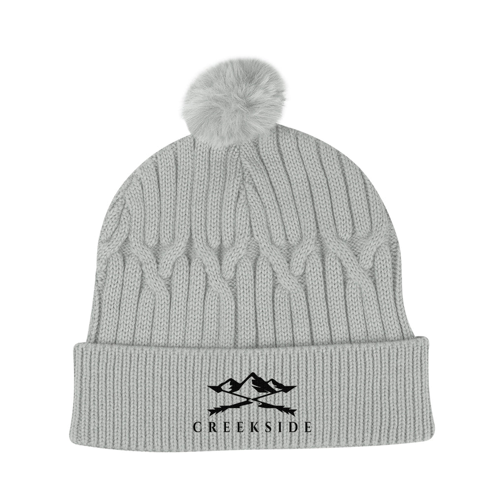 Courtney Cable Knit Pom Beanie in Recycled PET - Gray - Embroidery