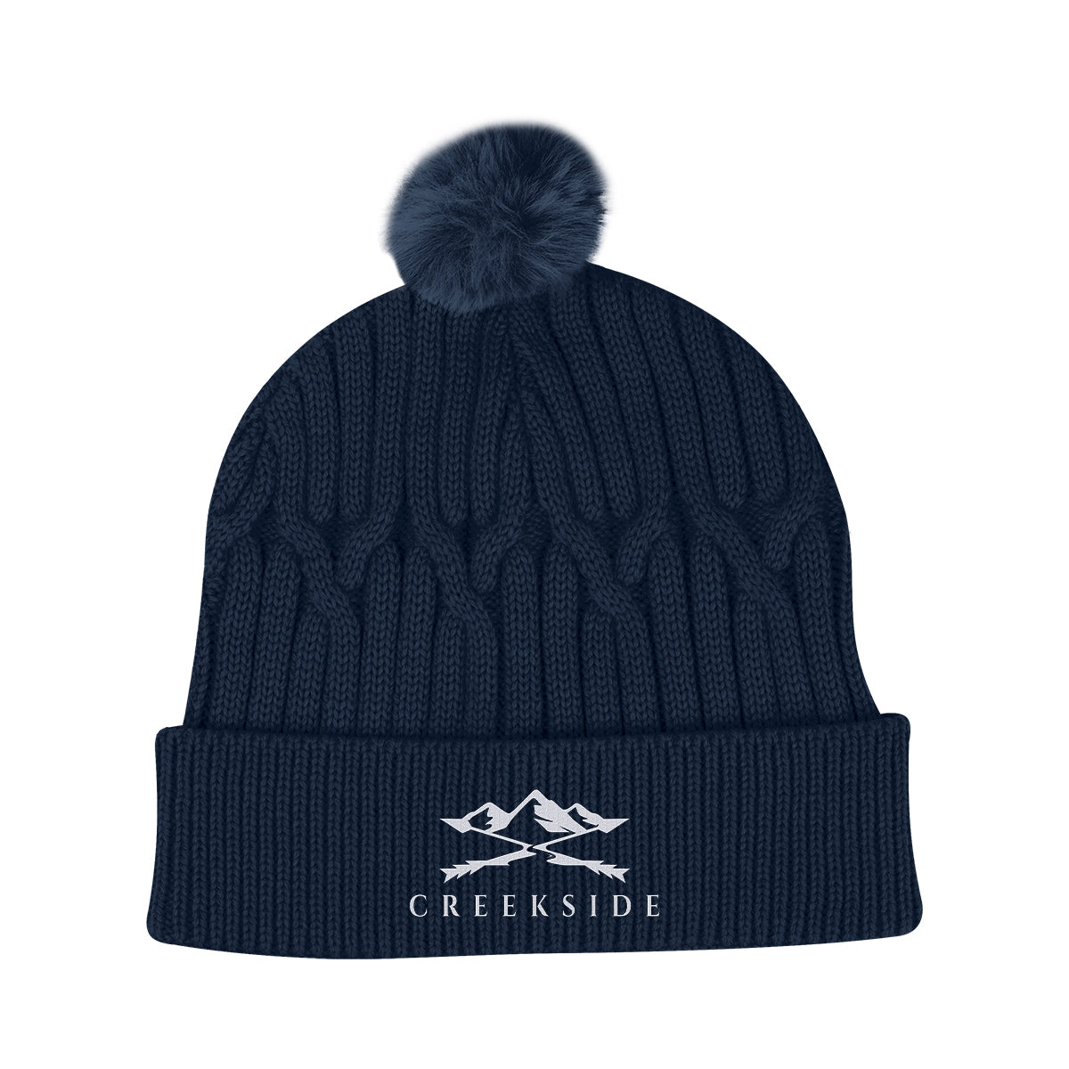 Courtney Cable Knit Pom Beanie in Recycled PET - Navy - Embroidery