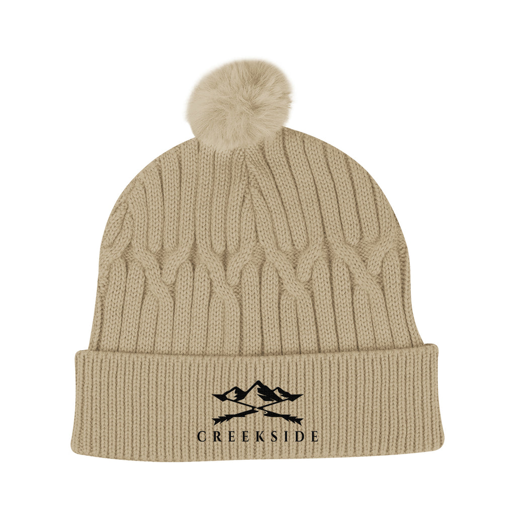 Courtney Cable Knit Pom Beanie in Recycled PET - Tan - Embroidery
