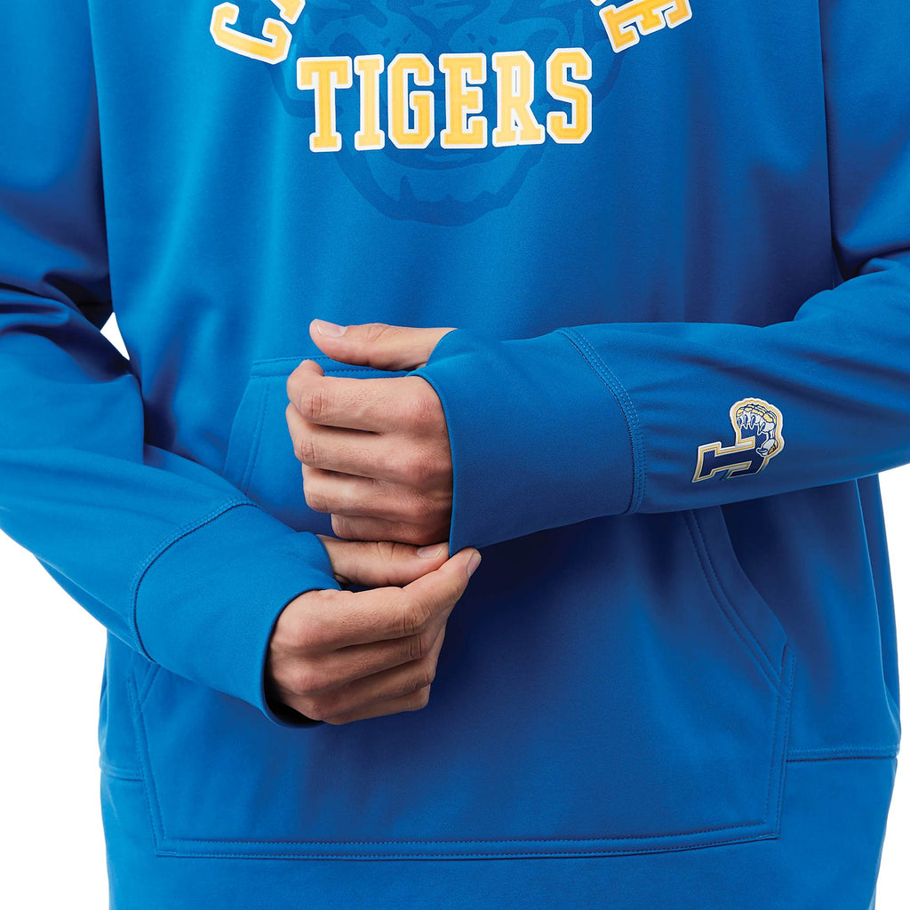 Coville Knit Hoodie with Thumb Holes for Men Debossing - Olympic Blue - On Model 2