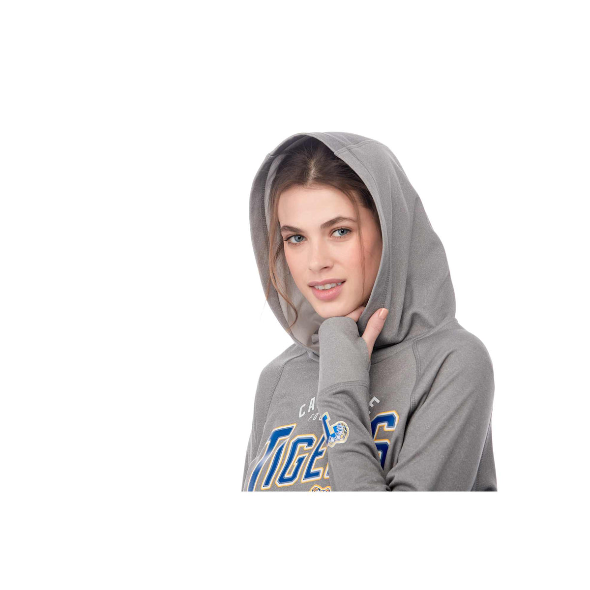 Coville Knit Hoodie with Thumb Holes for Women Transfer - Heather Grey - On Model