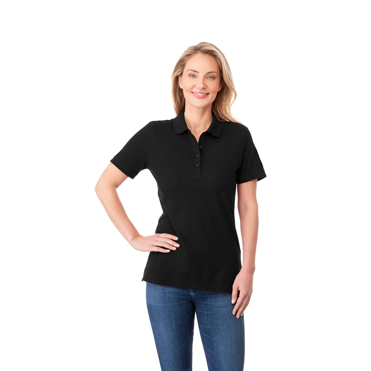 Crandall Poly Cotton Pique Polo for Women Transfer - Black - Front On Model