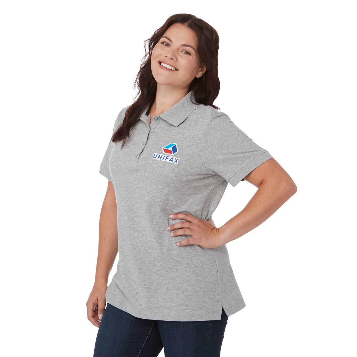 Crandall Poly Cotton Pique Polo for Women Transfer - Heather Grey - On Model Left Angle