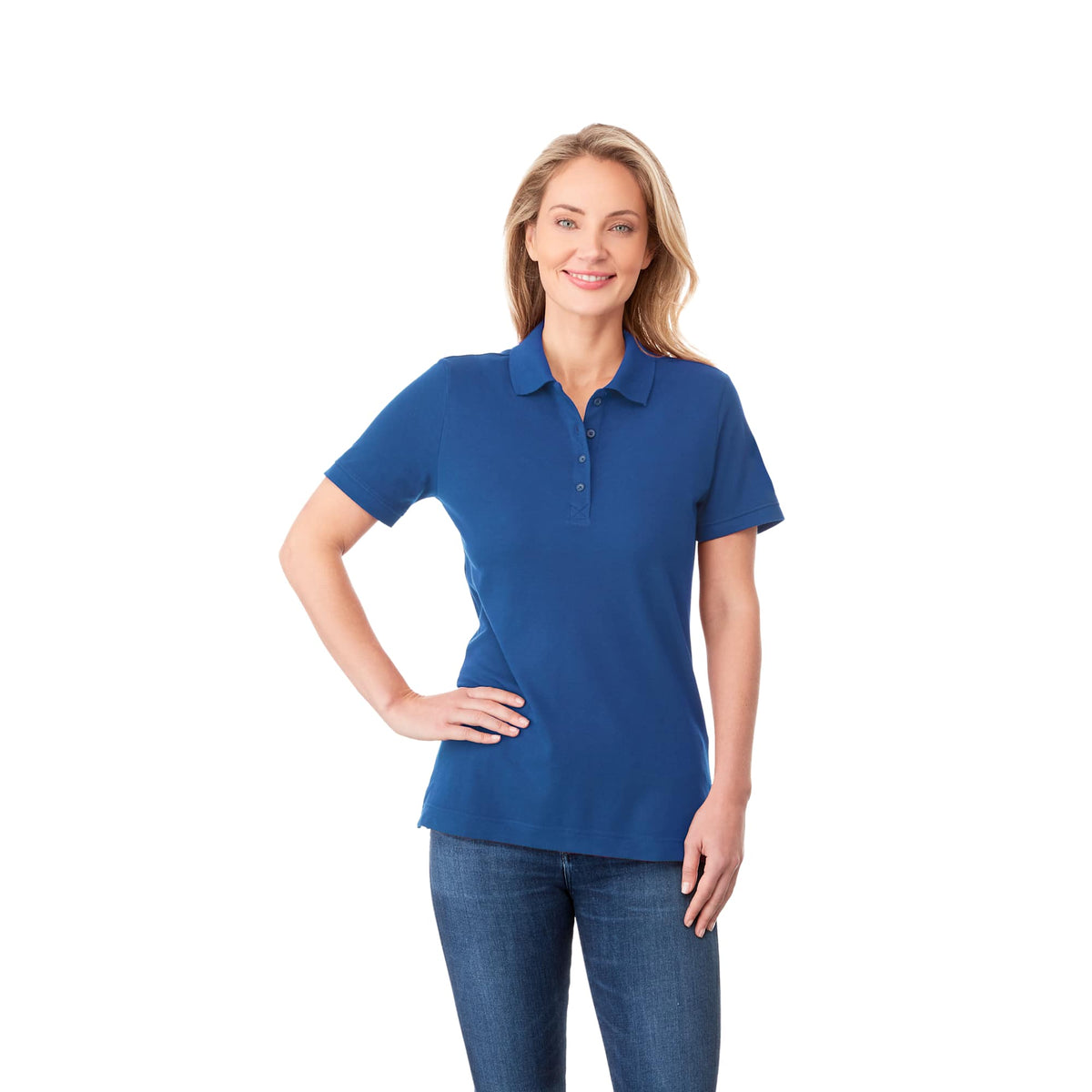 Crandall Poly Cotton Pique Polo for Women Transfer - New Royal - Front On Model