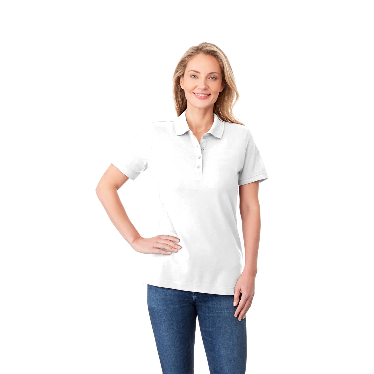 Crandall Poly Cotton Pique Polo for Women Transfer - White - Front On Model