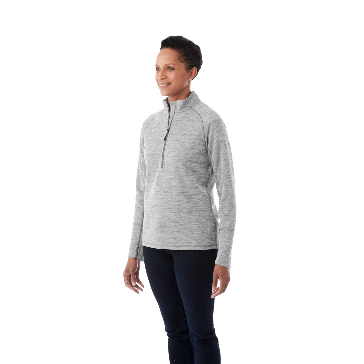 Crane Performance Knit Half Zip with Thumb Holes for Women Transfer - Heather Charcoal - Front On Model
