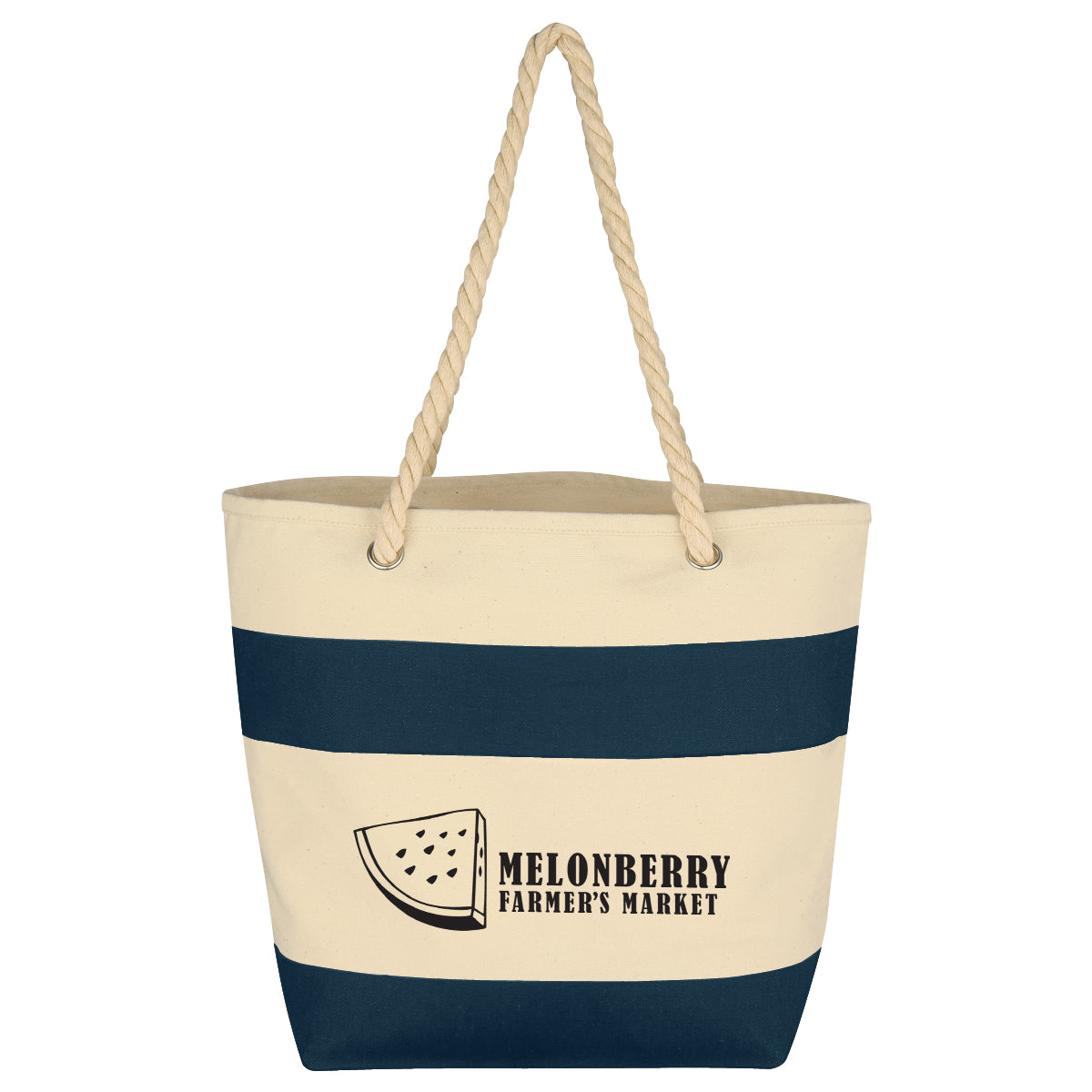 Cruising Cotton Canvas Tote with Rope Handles, 16 oz - Natural With Navy - Silk Screen