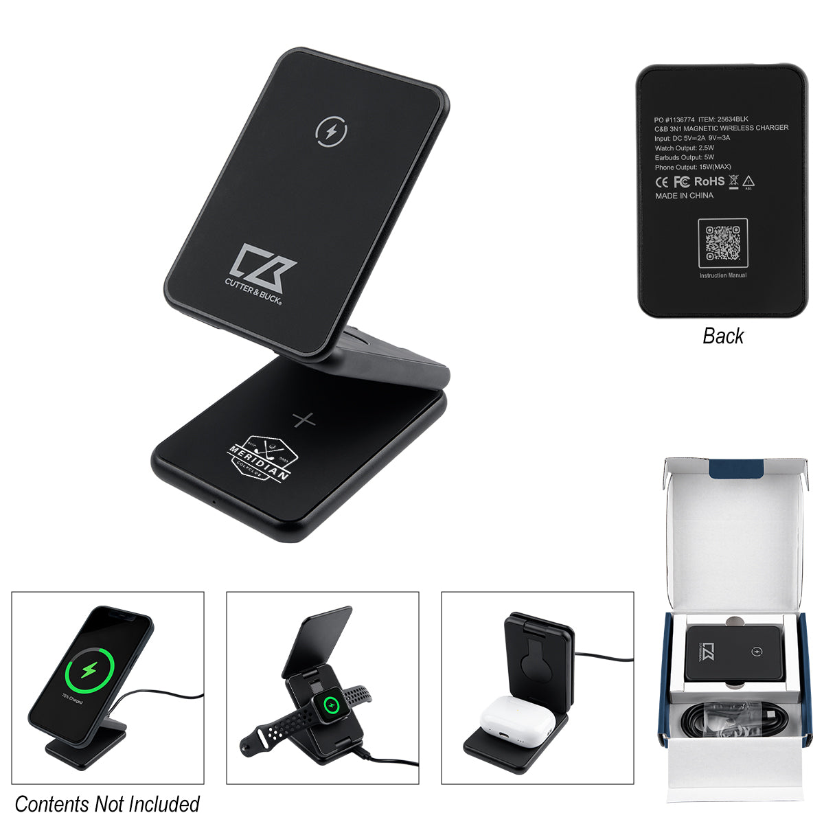 Cutter & Buck Magnetic Wireless Charger, Three-Way - Black - Pad Print