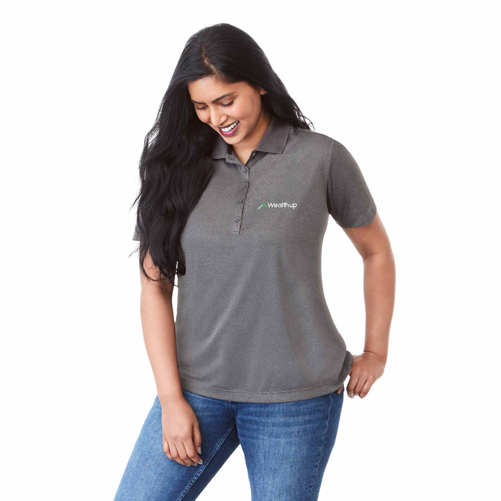 Dade Textured Performance Polo for Women Debossing - Heather Dark Charcoal - Left Angle On Model