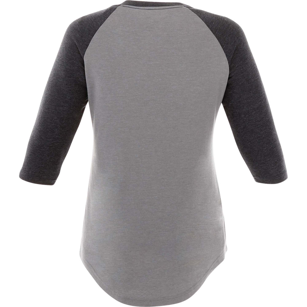 Dakota Raglan Tee with Three Quarter Sleeves for Women Embroidery - Heather Dk Char/Med Hthr Grey - Back Flat