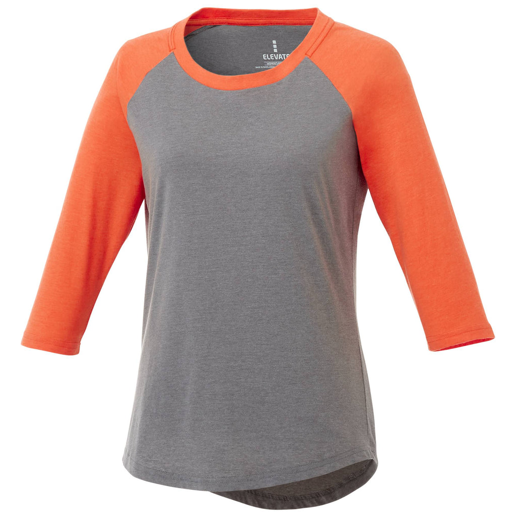 Dakota Raglan Tee with Three Quarter Sleeves for Women Embroidery - Orange Heather/Med Hthr Grey - Front Flat
