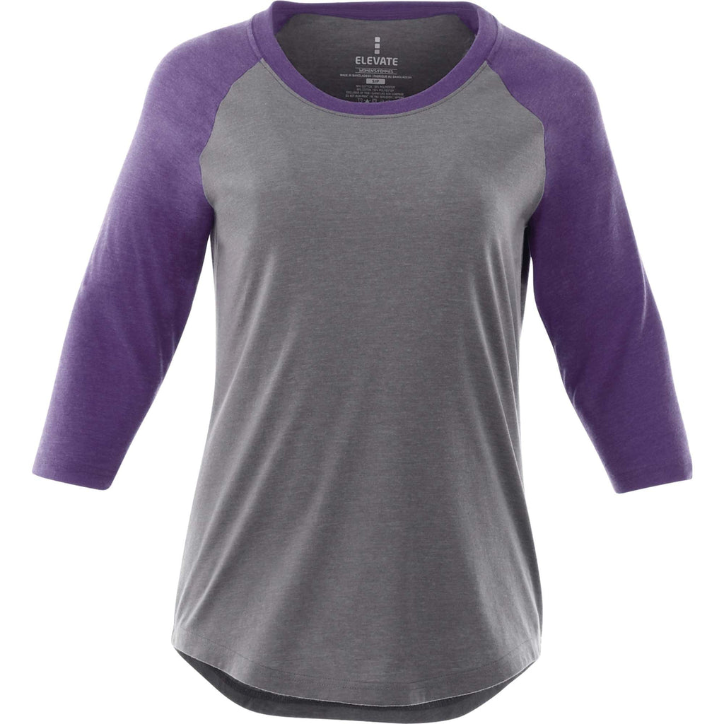 Dakota Raglan Tee with Three Quarter Sleeves for Women Embroidery - Purple Heather/Med Hthr Grey - Front Flat