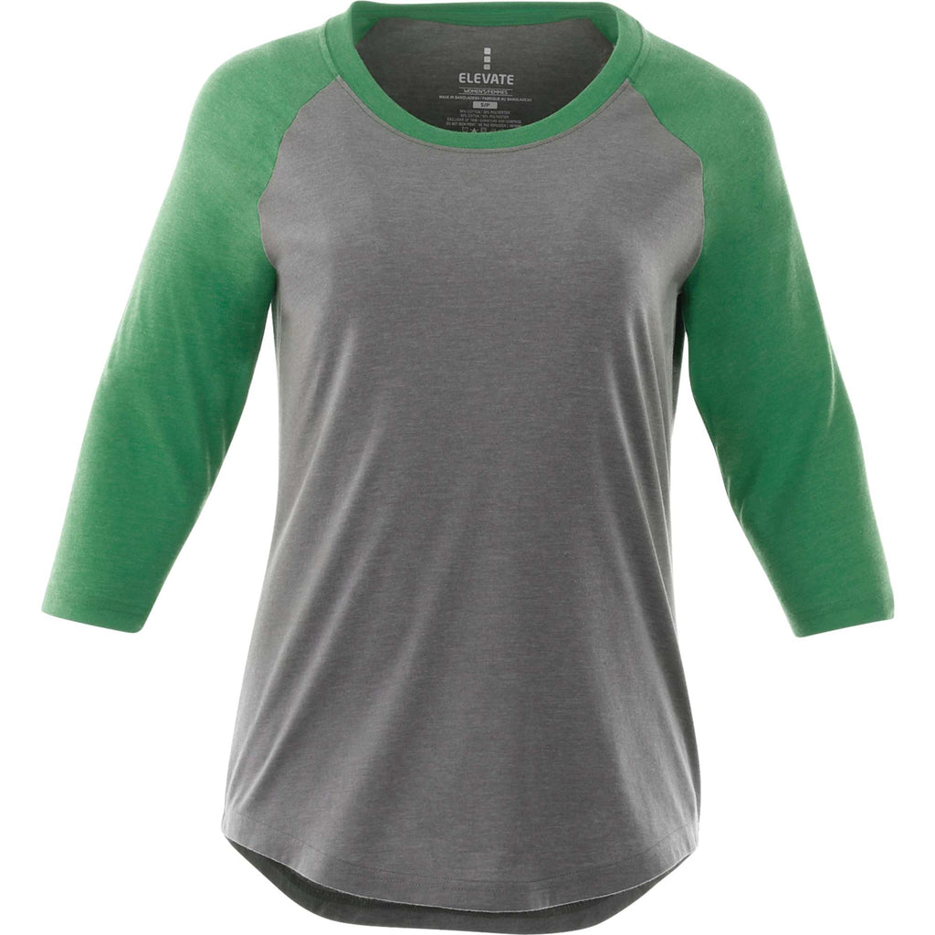 Dakota Raglan Tee with Three Quarter Sleeves for Women Sublimation - Kelly Heather/Medium Hthr Grey - Front Flat