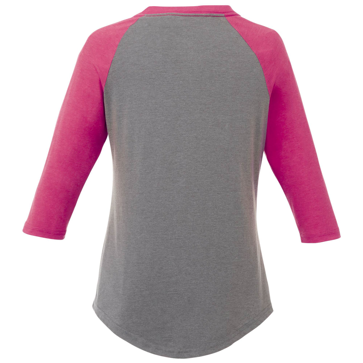 Dakota Raglan Tee with Three Quarter Sleeves for Women Sublimation - Magenta Heather/Med Hthr Grey - Back Flat