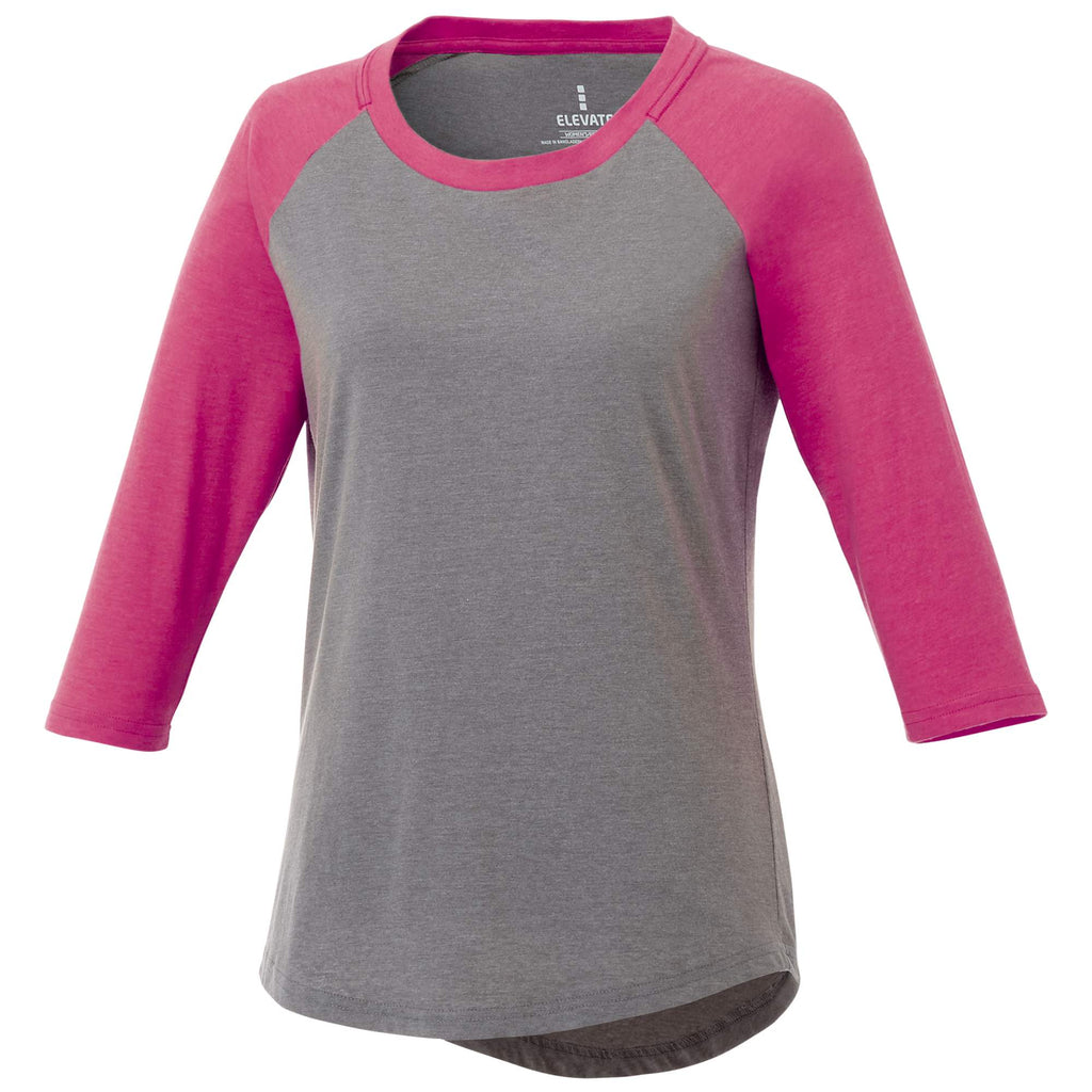 Dakota Raglan Tee with Three Quarter Sleeves for Women Sublimation - Magenta Heather/Med Hthr Grey - Front Flat