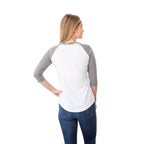 Dakota Raglan Tee with Three Quarter Sleeves for Women Sublimation - Medium Heather Grey/White - Back On Model