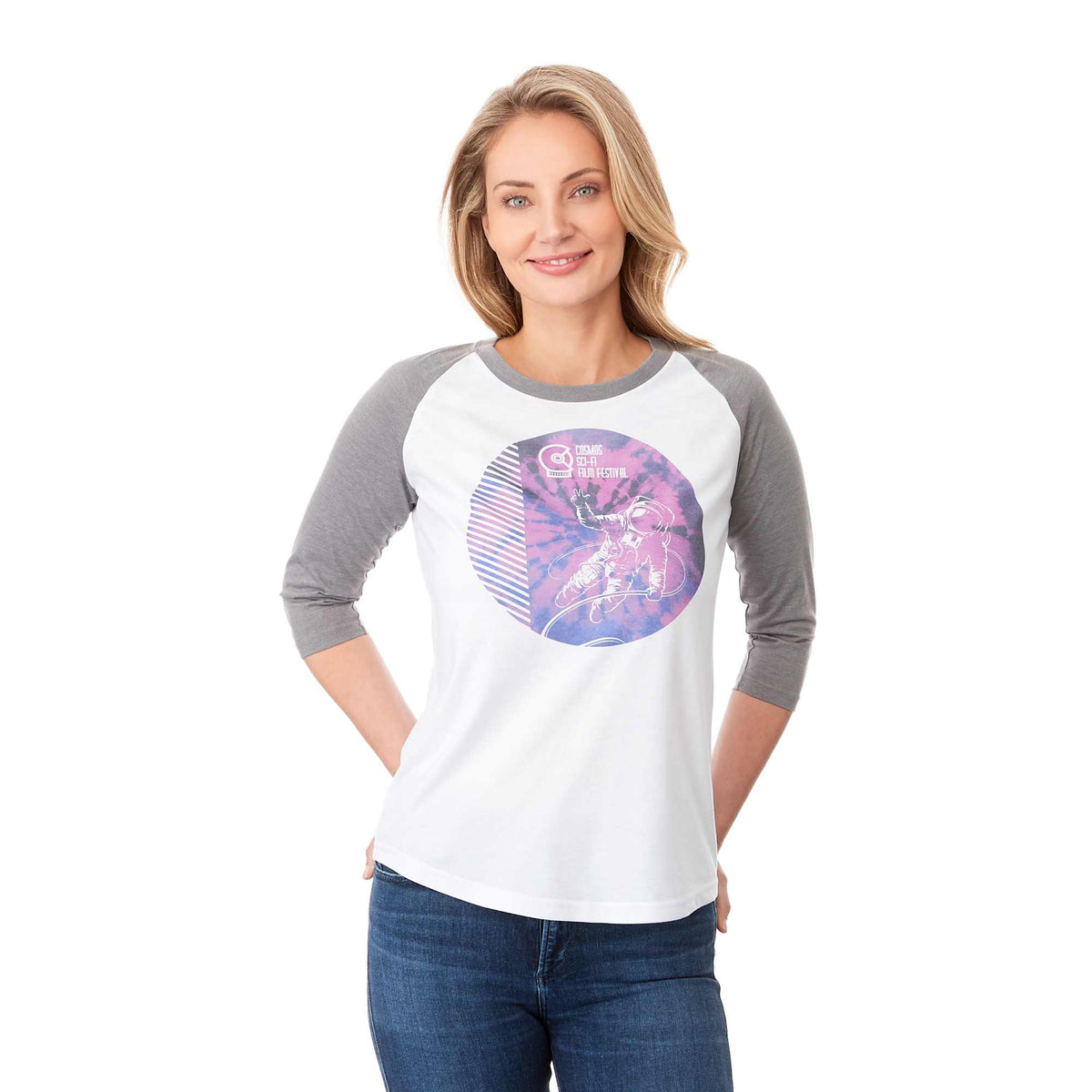 Dakota Raglan Tee with Three Quarter Sleeves for Women Sublimation - Medium Heather Grey/White - Front On Model