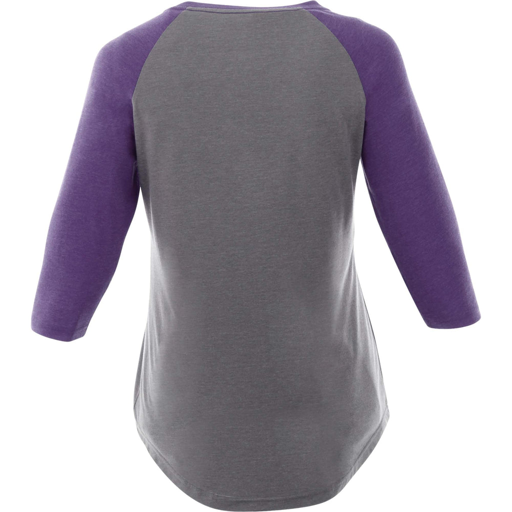 Dakota Raglan Tee with Three Quarter Sleeves for Women Sublimation - Purple Heather/Med Hthr Grey - Back Flat