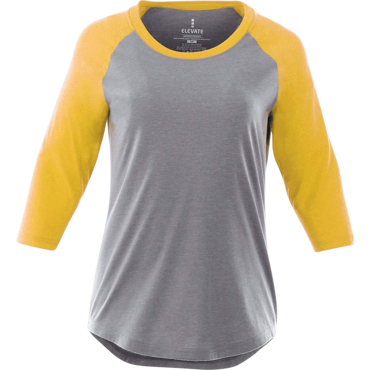 Dakota Raglan Tee with Three Quarter Sleeves for Women Sublimation - Yellow Heather/Med Hthr Grey - Front