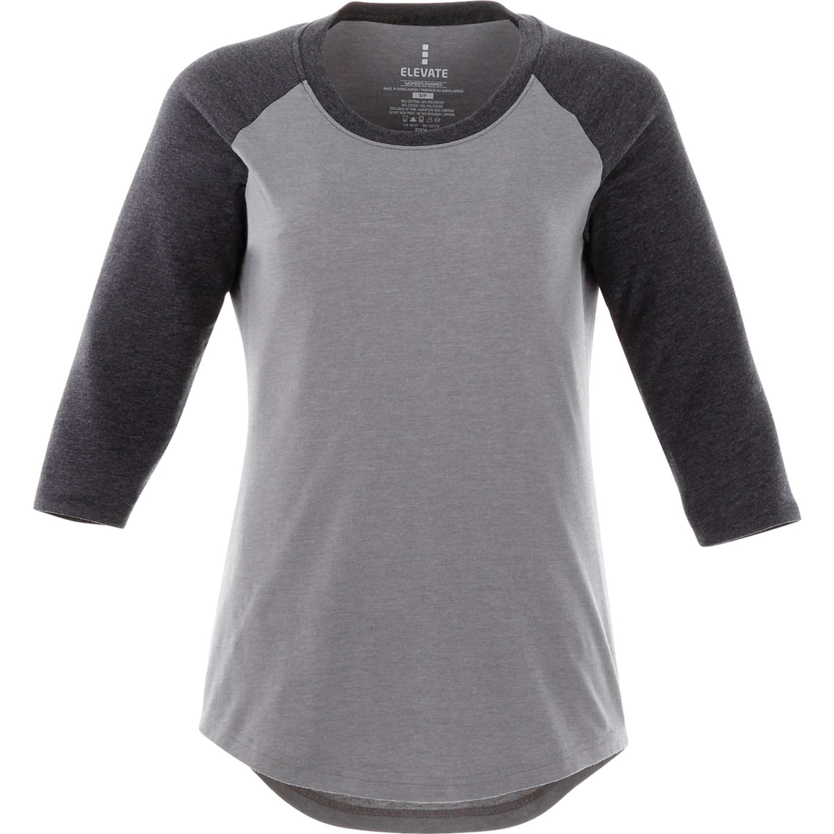 Dakota Raglan Tee with Three Quarter Sleeves for Women Transfer - Heather Dk Char/Med Hthr Grey - Front Flat