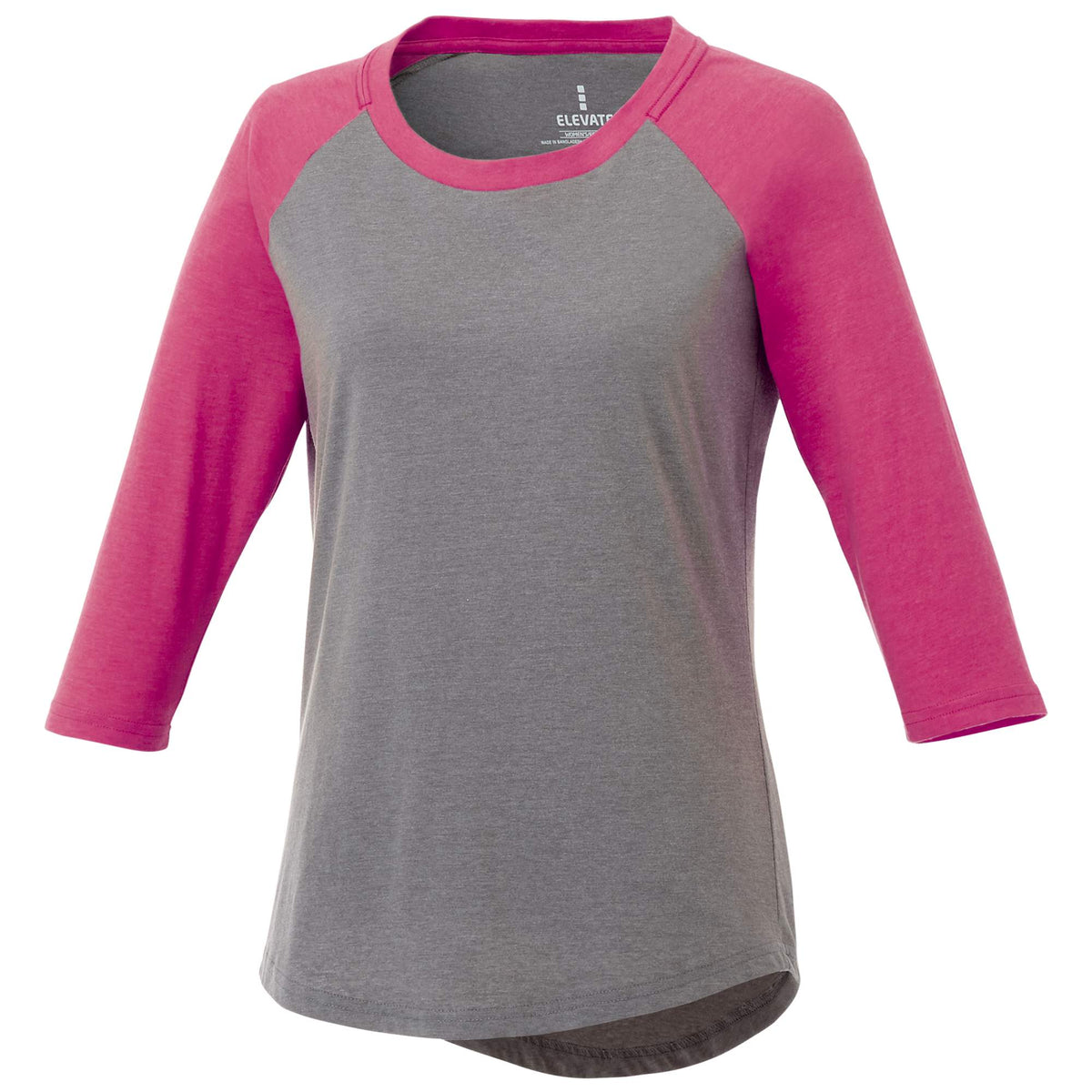 Dakota Raglan Tee with Three Quarter Sleeves for Women Transfer - Magenta Heather/Med Hthr Grey - Front Flat