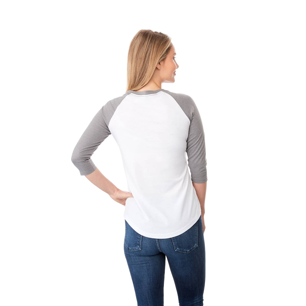 Dakota Raglan Tee with Three Quarter Sleeves for Women Transfer - Medium Heather Grey/White - Back On Model