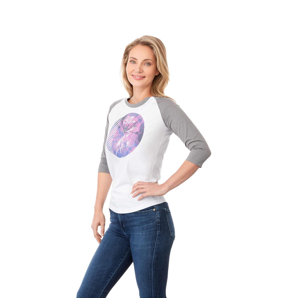 Dakota Raglan Tee with Three Quarter Sleeves for Women Transfer - Medium Heather Grey/White - On Model