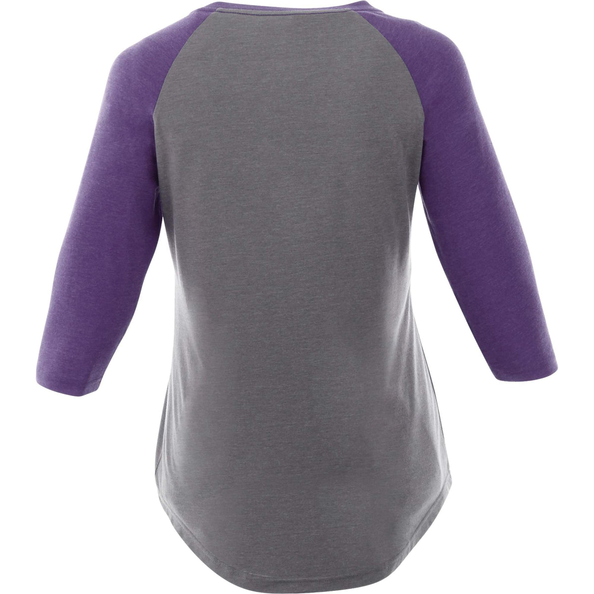 Dakota Raglan Tee with Three Quarter Sleeves for Women Transfer - Purple Heather/Med Hthr Grey - Back Flat