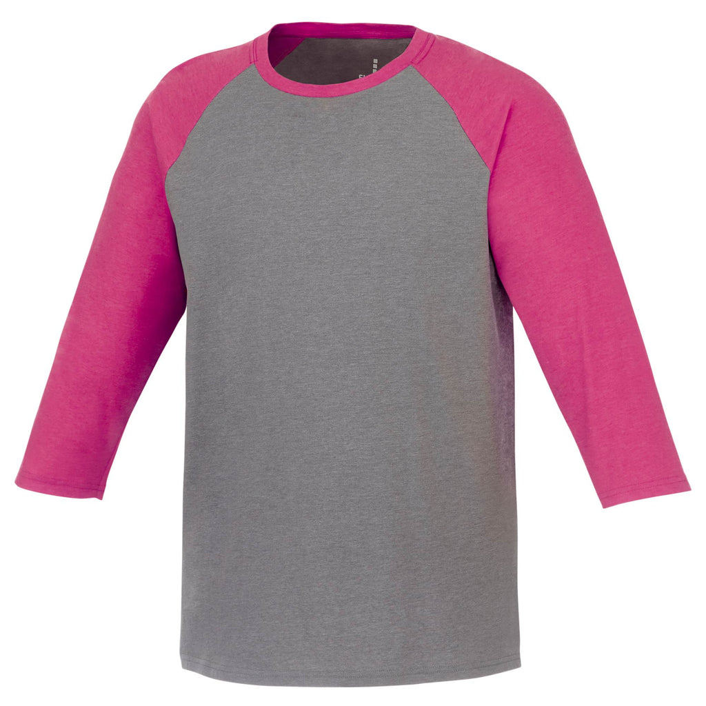 Dakota Three Quarter Sleeve Raglan Tee for Men Embroidery - Magenta Heather/Med Hthr Grey - Front Flat