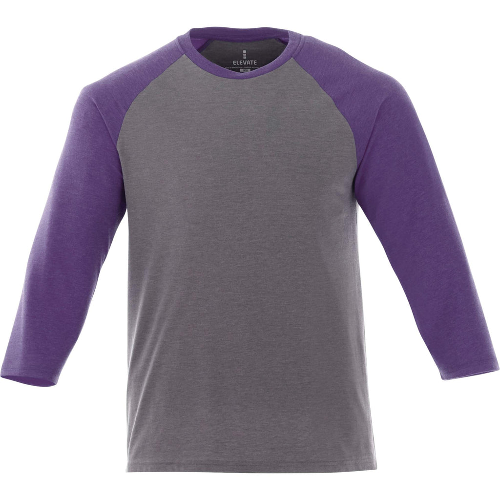 Dakota Three Quarter Sleeve Raglan Tee for Men Embroidery - Purple Heather/Med Hthr Grey - Front Flat