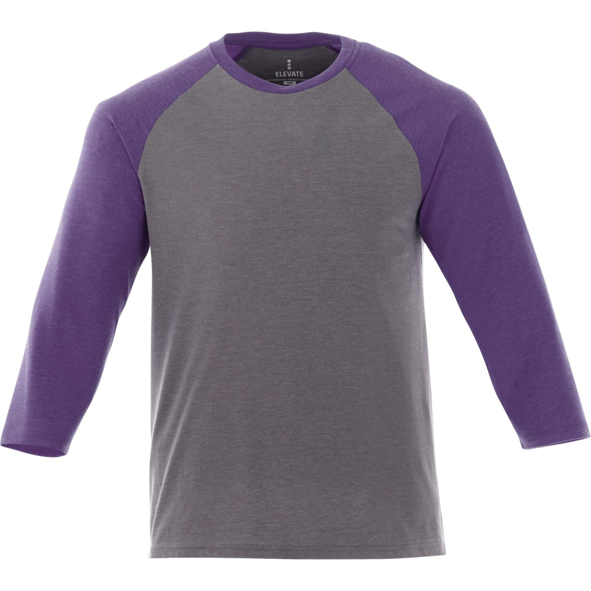 Dakota Three Quarter Sleeve Raglan Tee for Men Embroidery - Purple Heather/Med Hthr Grey - Front Flat