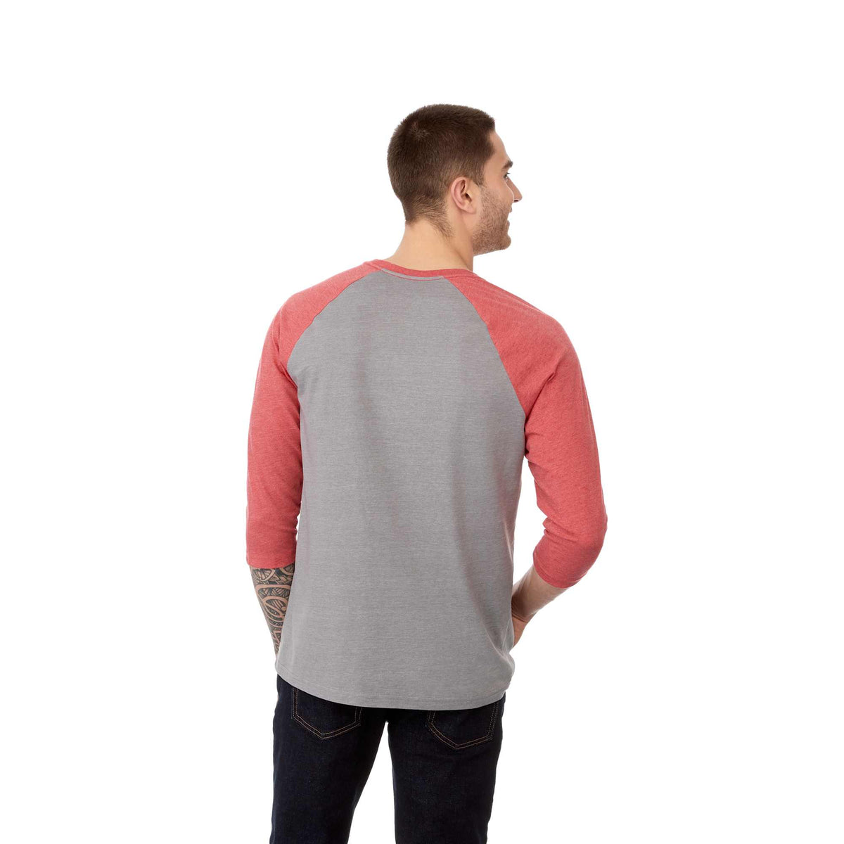 Dakota Three Quarter Sleeve Raglan Tee for Men Embroidery - Team Red Heather/Med Hthr Grey - Back On Model