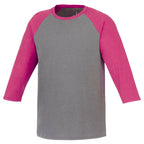 Dakota Three Quarter Sleeve Raglan Tee for Men Sublimation - Magenta Heather/Med Hthr Grey - Front Flat