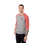 Dakota Three Quarter Sleeve Raglan Tee for Men Sublimation - Team Red Heather/Med Hthr Grey - On Model