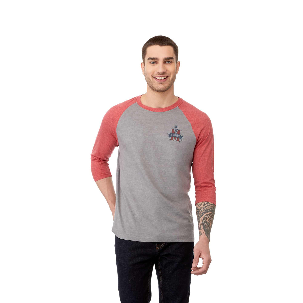 Dakota Three Quarter Sleeve Raglan Tee for Men Transfer - Team Red Heather/Med Hthr Grey - Front On Model