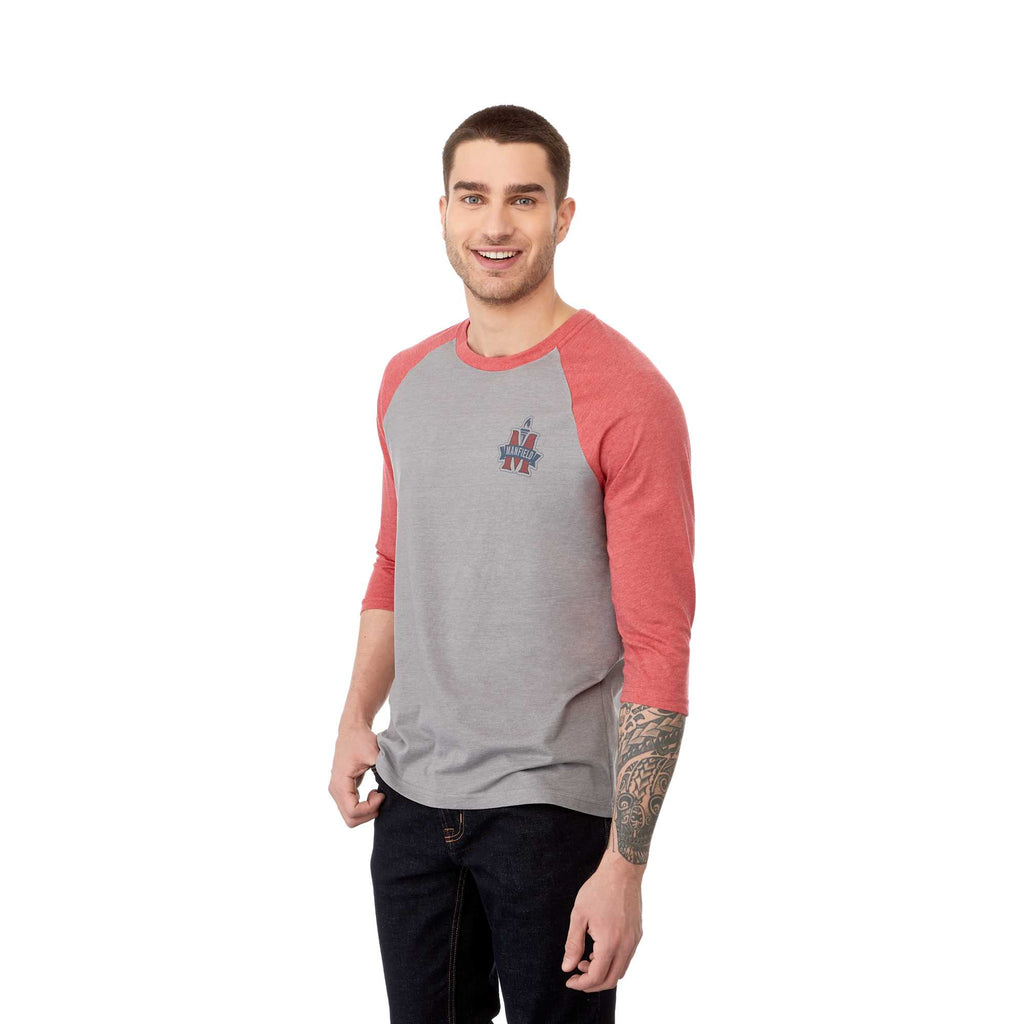 Dakota Three Quarter Sleeve Raglan Tee for Men Transfer - Team Red Heather/Med Hthr Grey - On Model