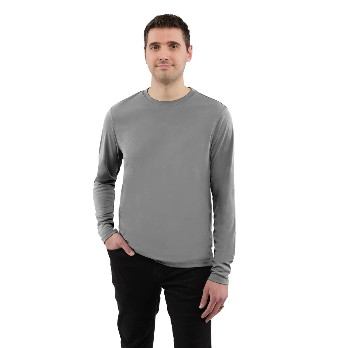 Dara Recycled Long Sleeve Tech Tee for Men Transfer - Quarry - Front On Model