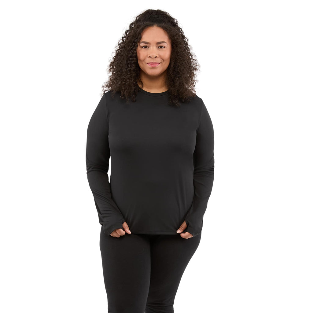 Dara Recycled Long Sleeve Tech Tee for Women Debossing - Black - Front On Model