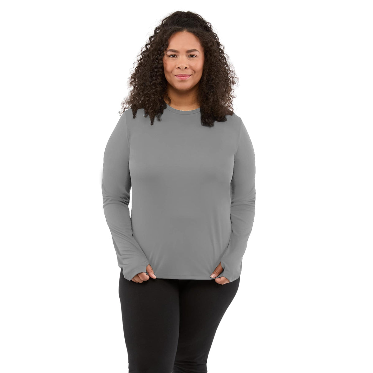 Dara Recycled Long Sleeve Tech Tee for Women Debossing - Quarry - Front On Model