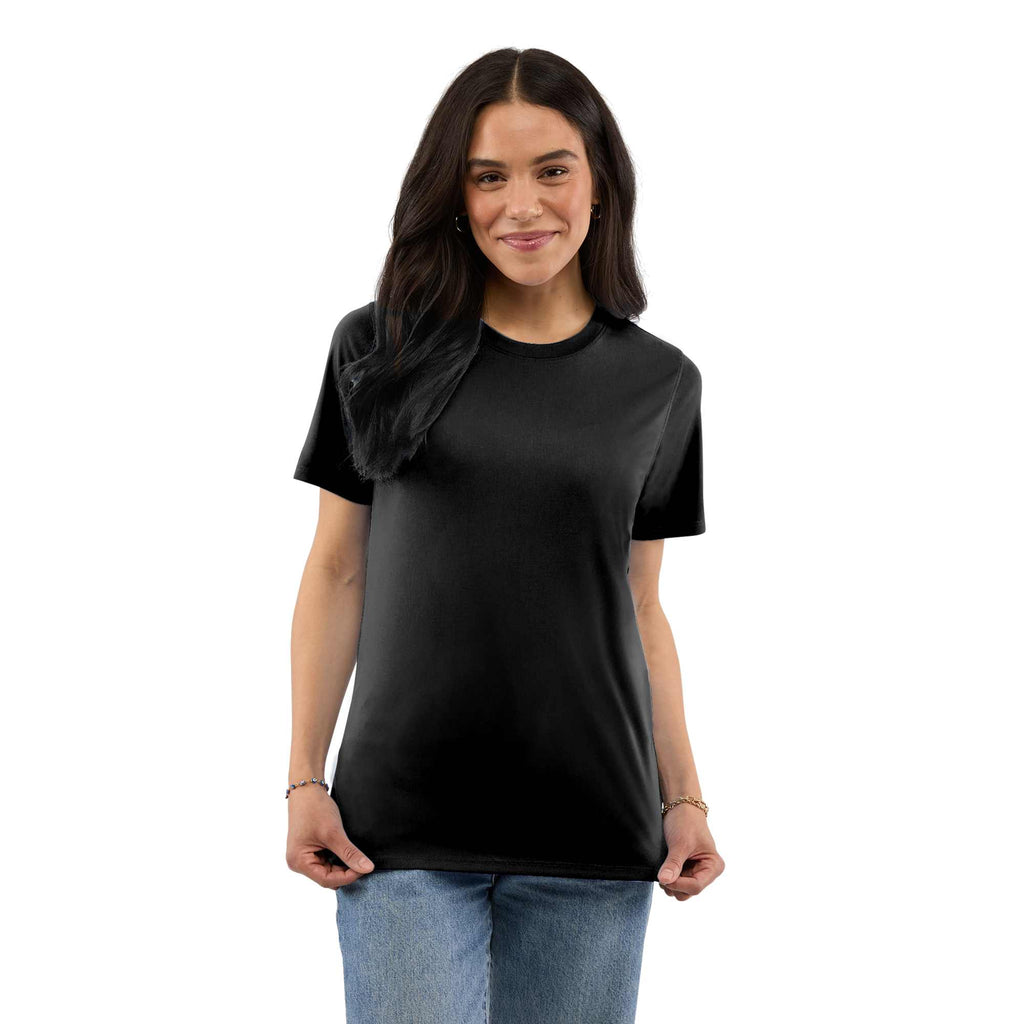 Dara Recycled Short Sleeve Tech Tee for Women Transfer - Black - Front On Model