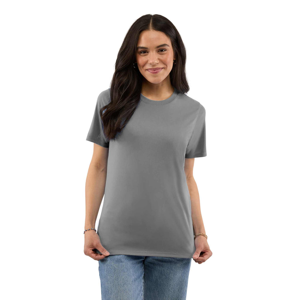 Dara Recycled Short Sleeve Tech Tee for Women Transfer - Quarry - Front On Model