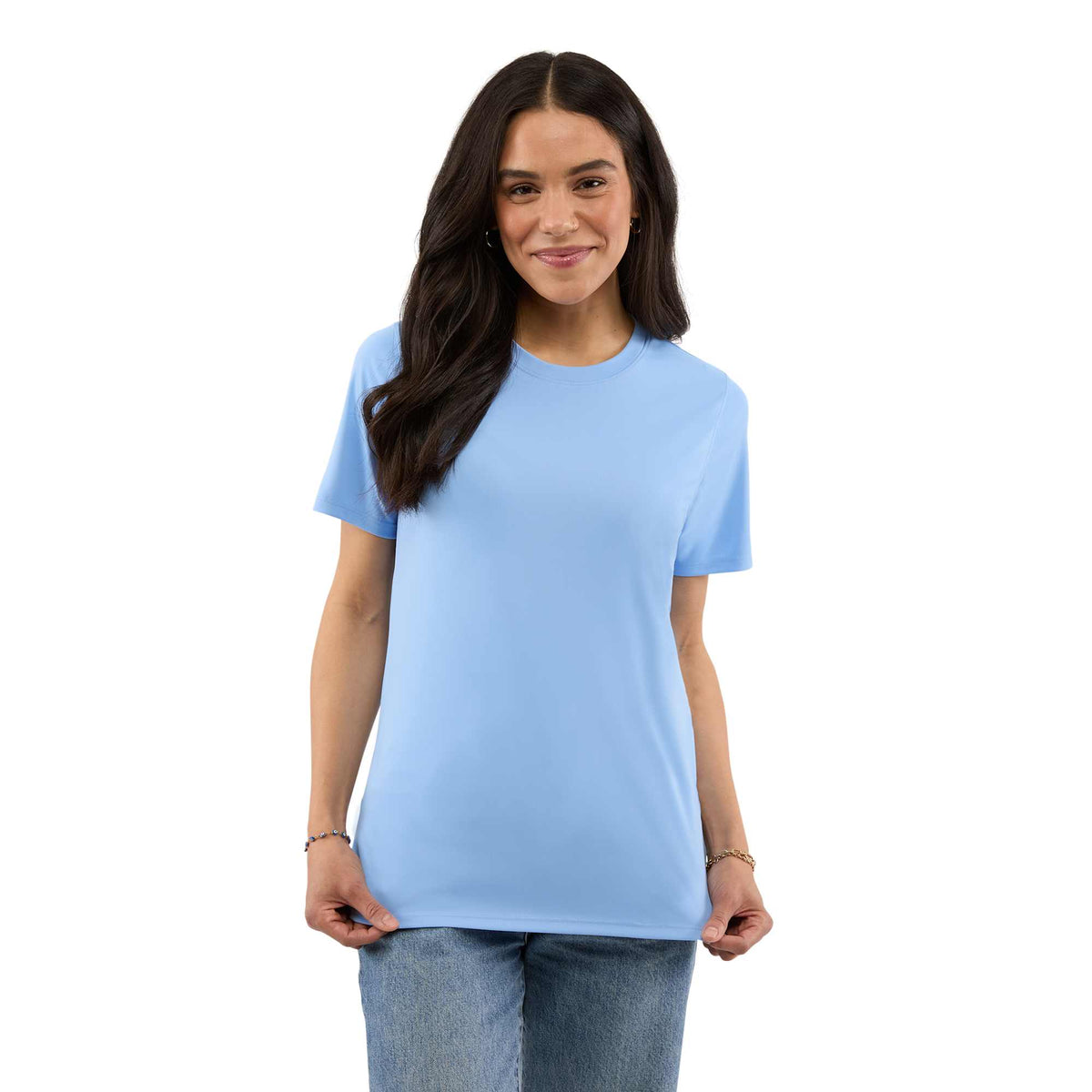 Dara Recycled Short Sleeve Tech Tee for Women Transfer - Sky - Front On Model