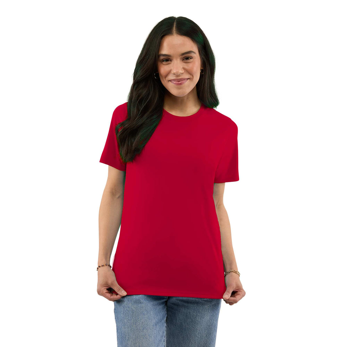 Dara Recycled Short Sleeve Tech Tee for Women Transfer - Team Red - Front On Model